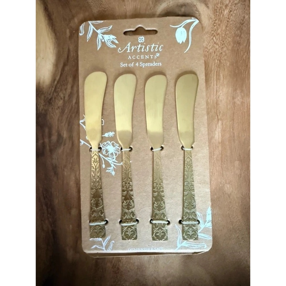 Artistic Accents Gold Spreaders Set of 4 Embossed Floral Pattern